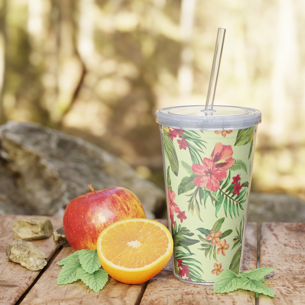 Tropical Flowers Plastic Tumbler with Straw