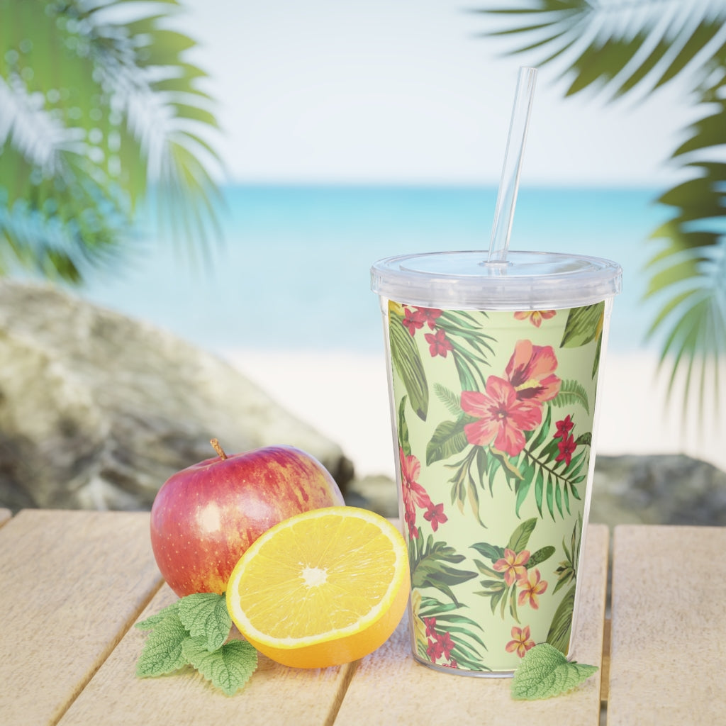 Tropical Flowers Plastic Tumbler with Straw