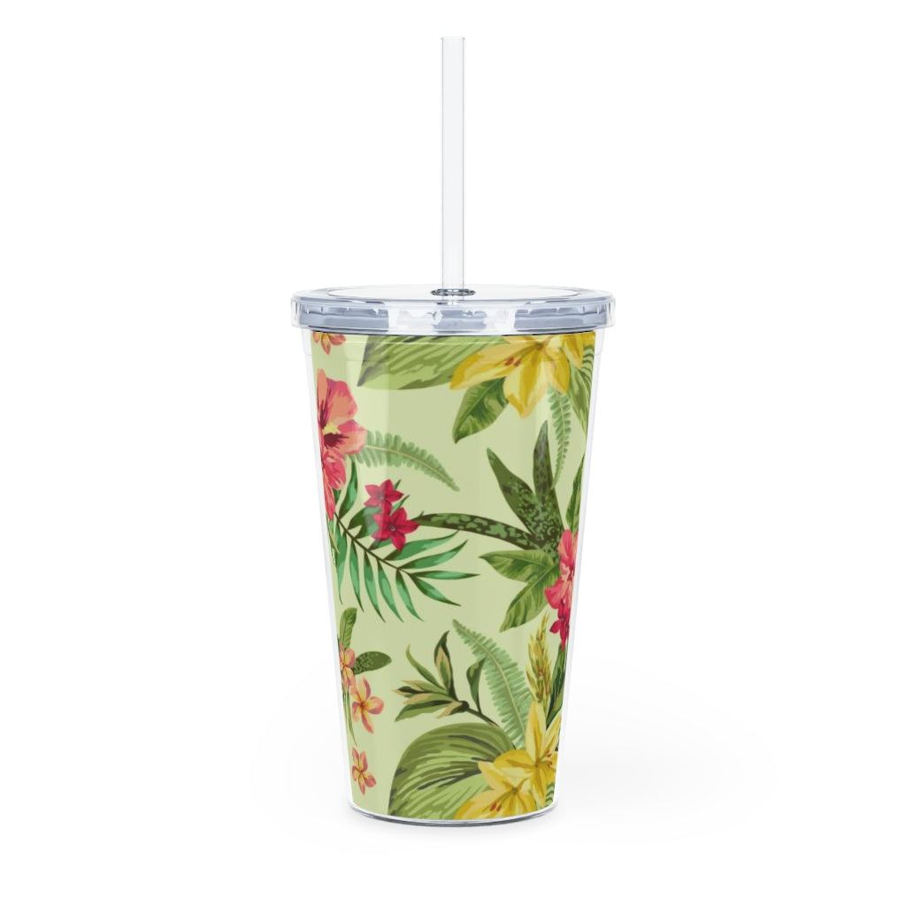 Tropical Flowers Plastic Tumbler with Straw