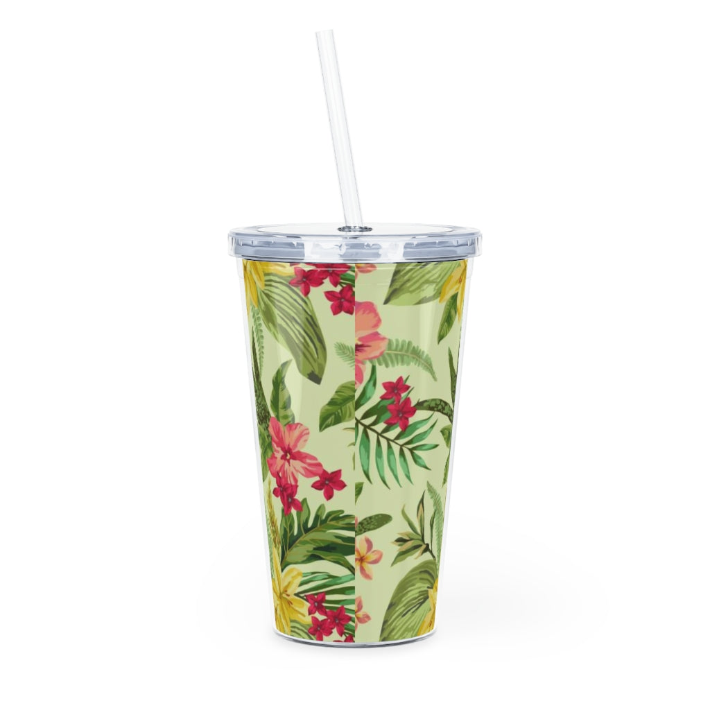 Tropical Flowers Plastic Tumbler with Straw
