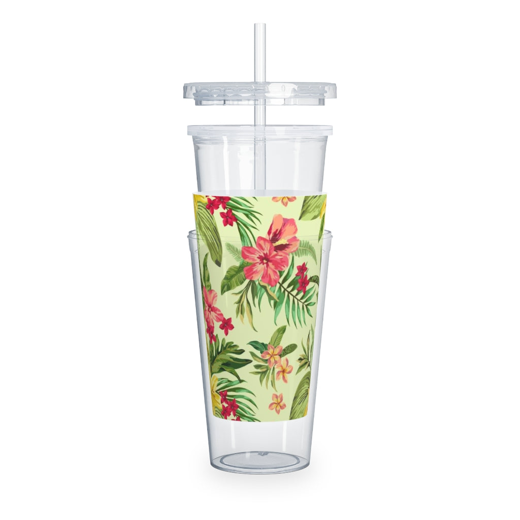 Tropical Flowers Plastic Tumbler with Straw