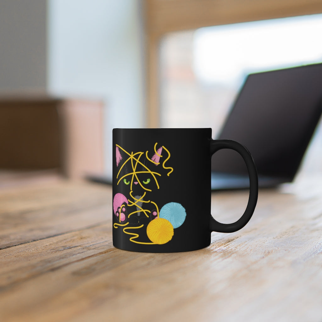 Coffee Mug Black Kitten in Yarn 11oz Black Mug