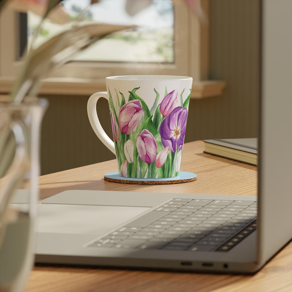 Coffee Mug Tulips on White Latte Mug, 12oz