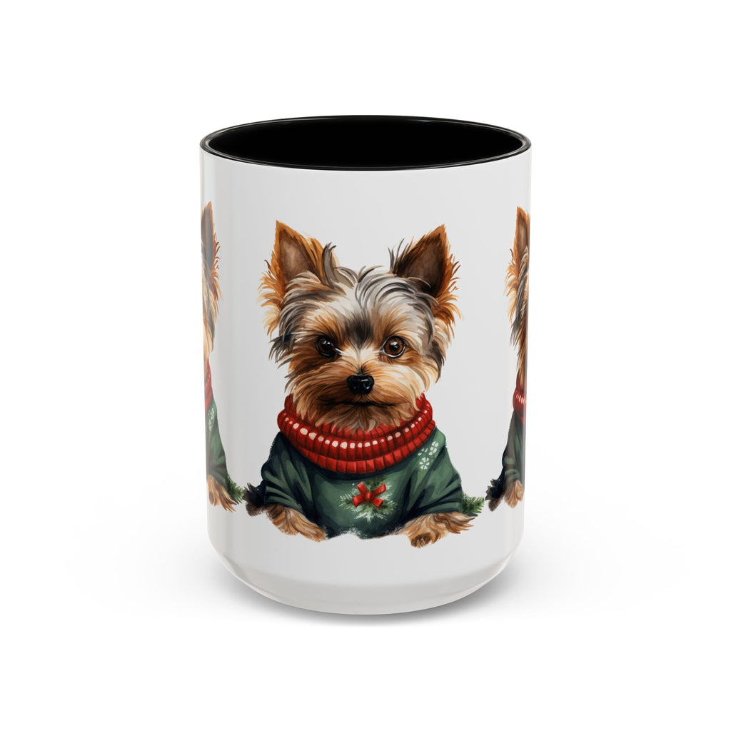 Yorkie in Holiday Sweater Accent Coffee Mug — Cute Christmas Dog Mug (11oz/15oz)
