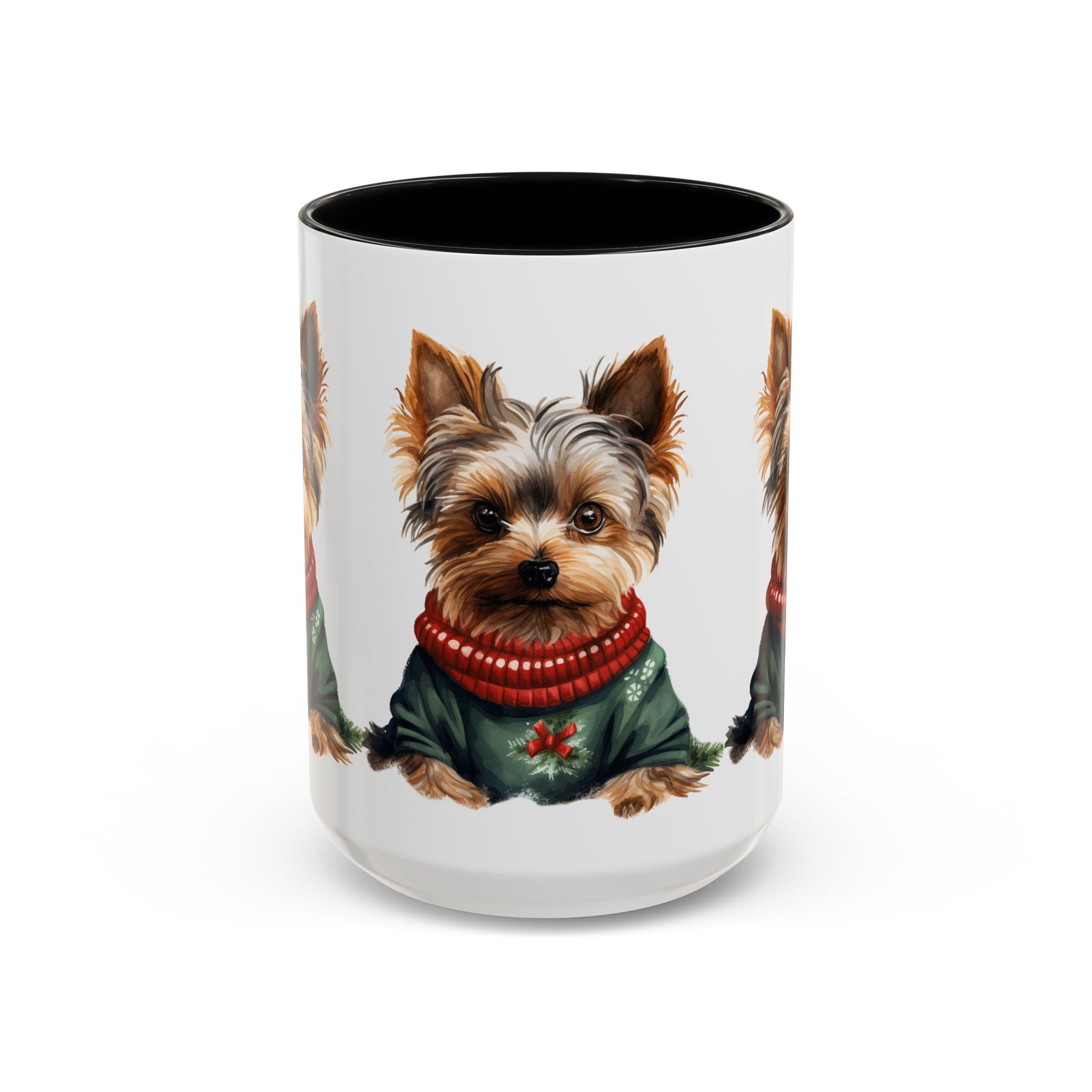 Yorkie in Holiday Sweater Accent Coffee Mug — Cute Christmas Dog Mug (11oz/15oz)