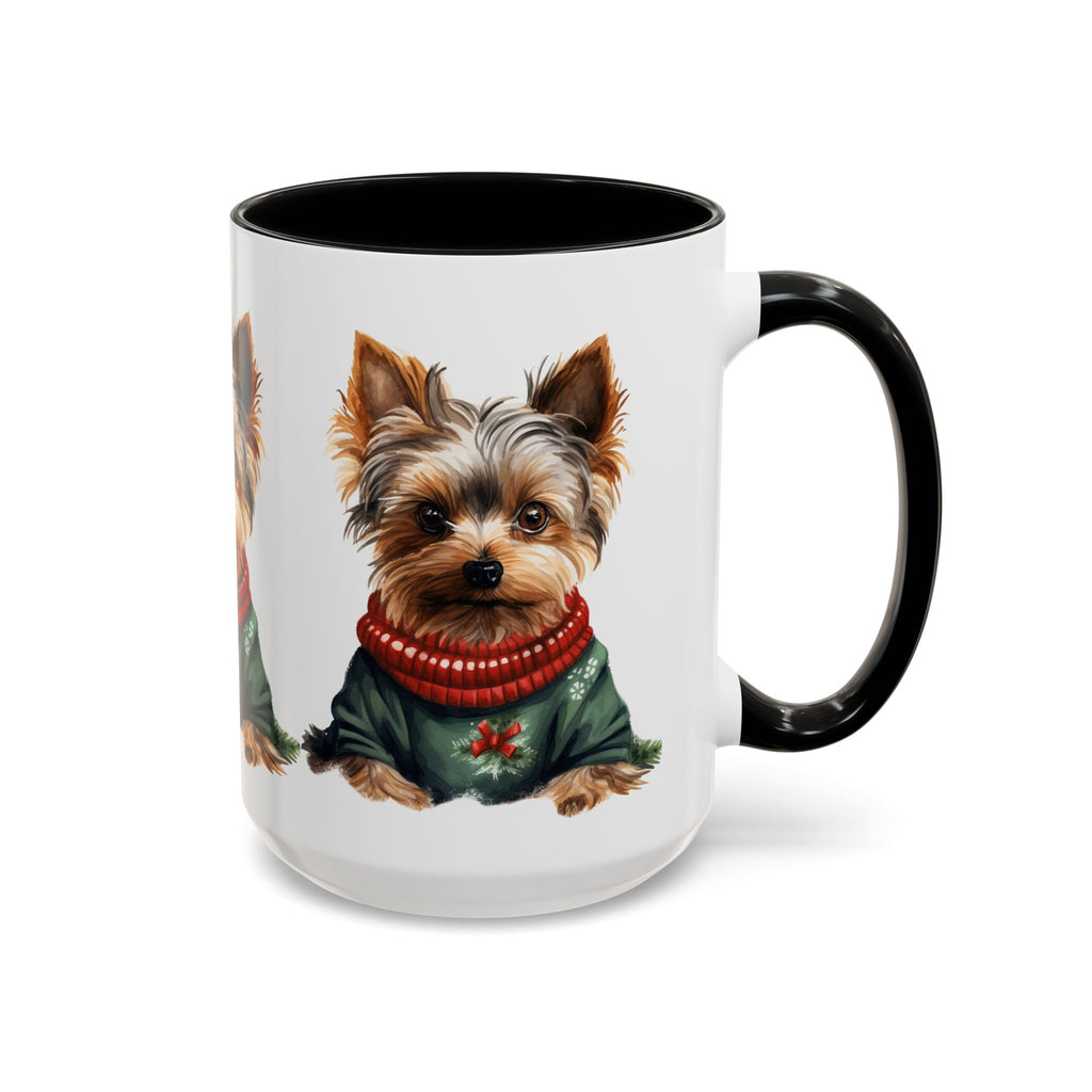 Yorkie in Holiday Sweater Accent Coffee Mug — Cute Christmas Dog Mug (11oz/15oz)