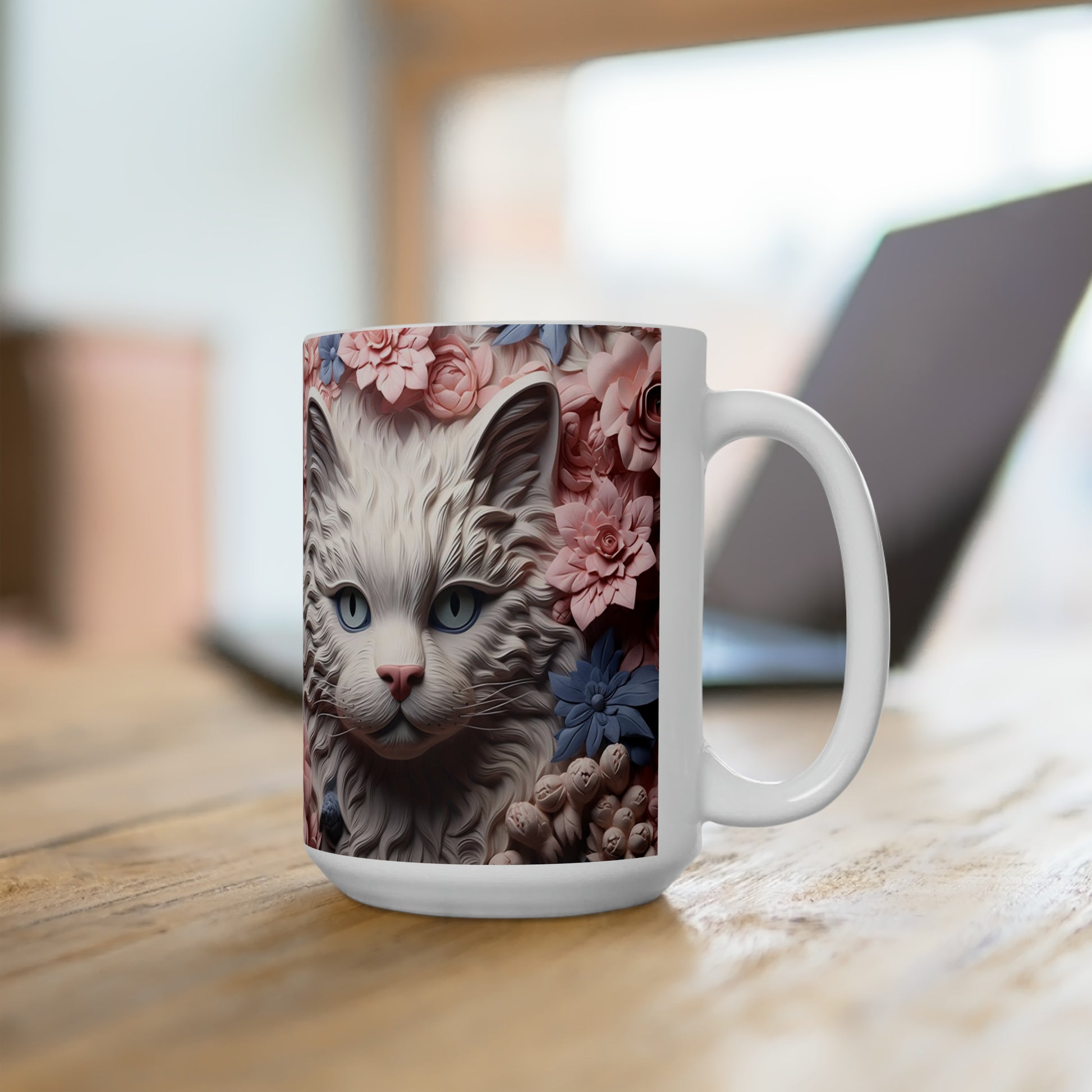 3D Look White Cat Ceramic Mug 15oz