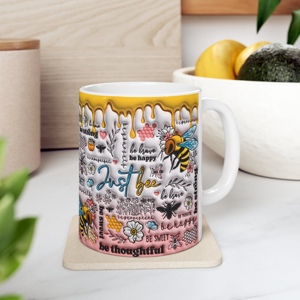 Ceramic Mug Puffy Look  3D Bee Kind Bee Strong Bee Happy Gift Mug  11oz