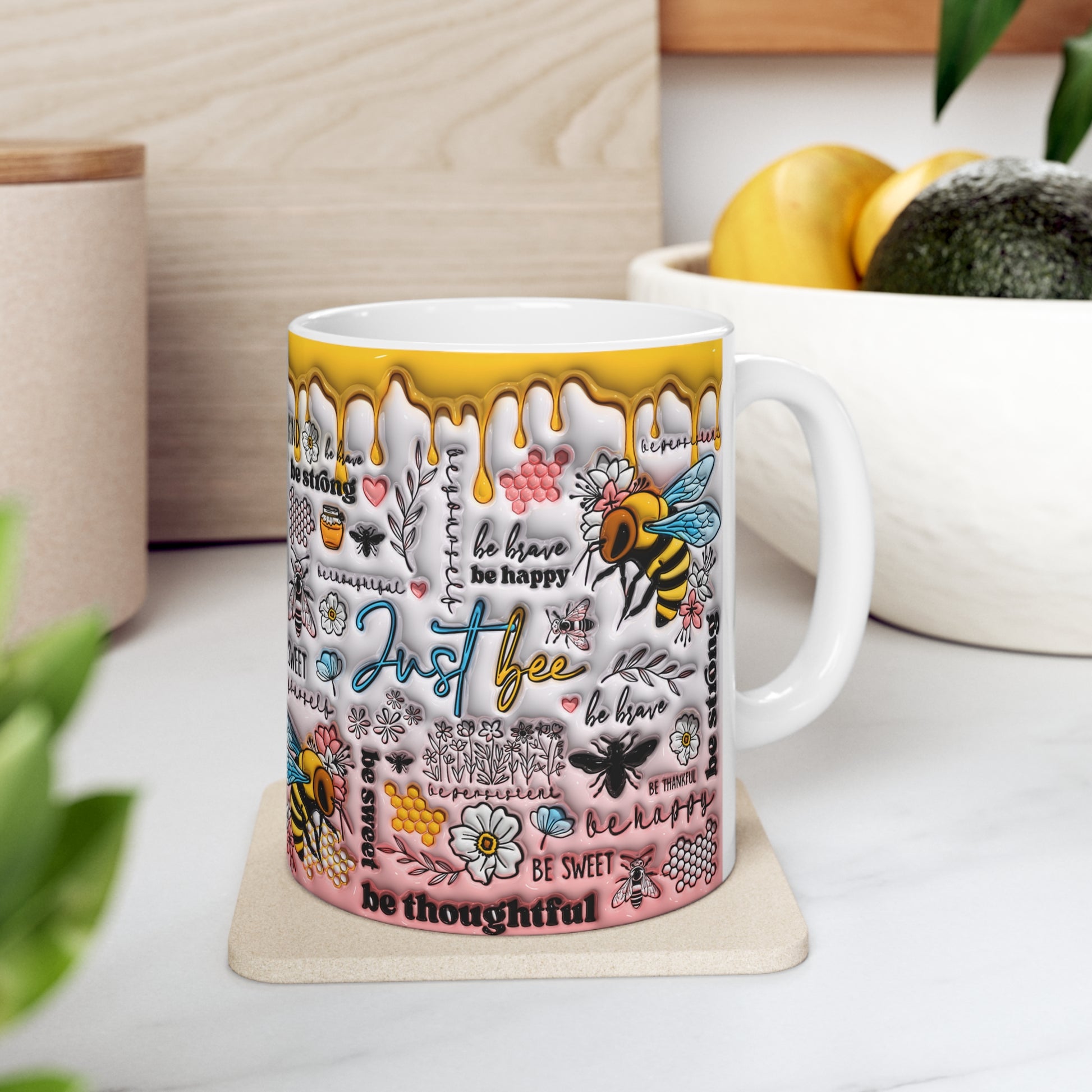 Ceramic Mug Puffy Look  3D Bee Kind Bee Strong Bee Happy Gift Mug  11oz