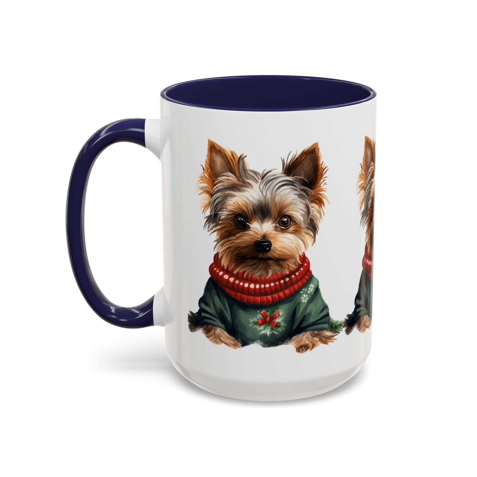 Yorkie in Holiday Sweater Accent Coffee Mug — Cute Christmas Dog Mug (11oz/15oz)