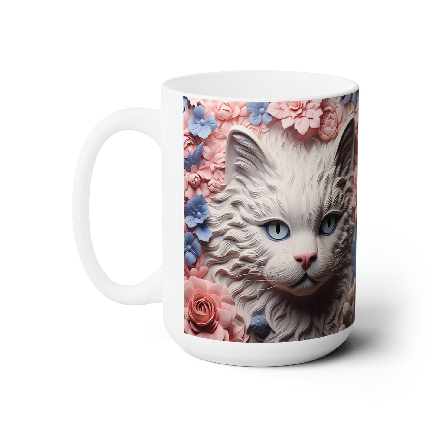 3D Look White Cat Ceramic Mug 15oz