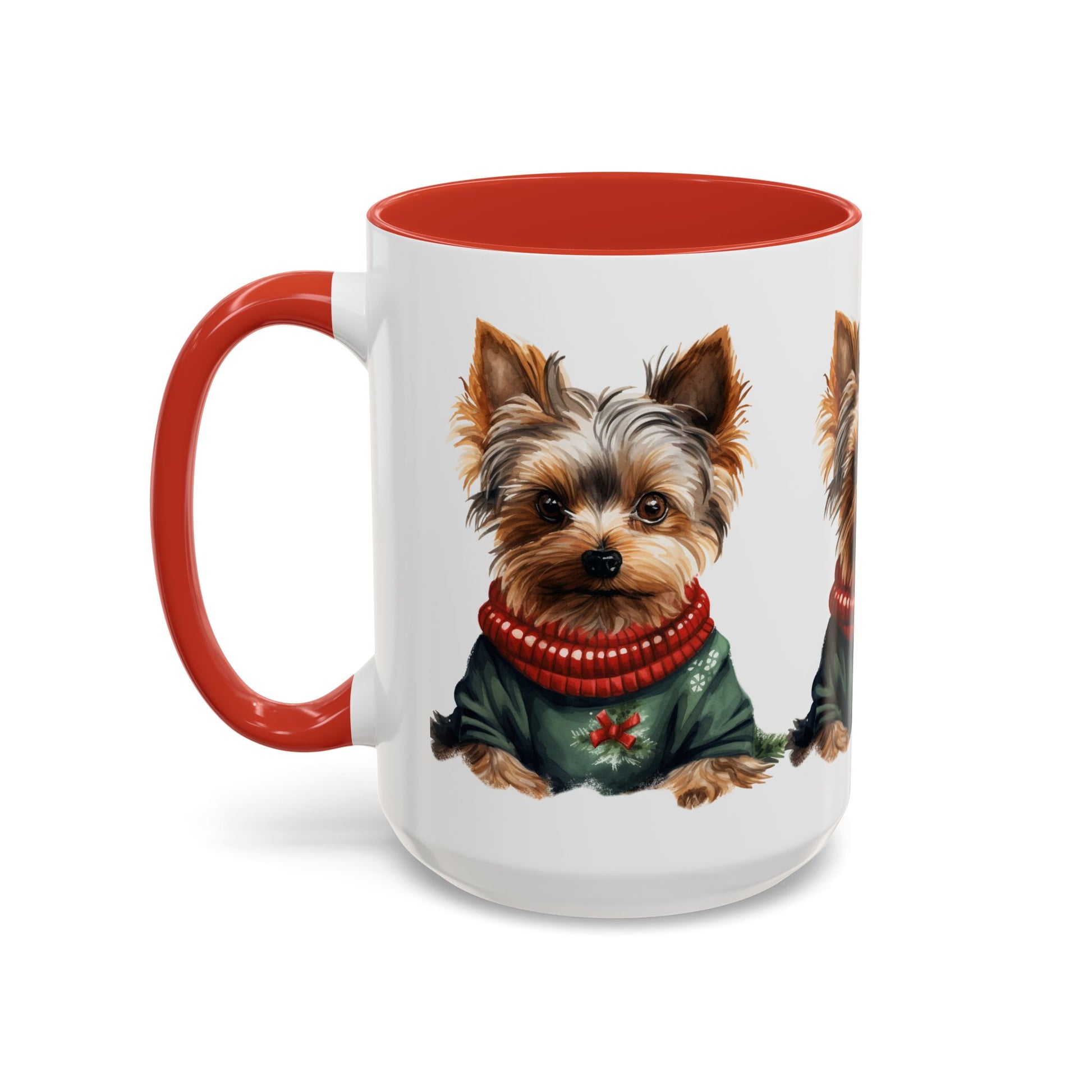 Yorkie in Holiday Sweater Accent Coffee Mug — Cute Christmas Dog Mug (11oz/15oz)