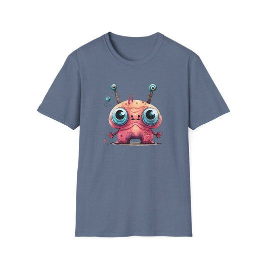 Bug eyed Cartoon Monster on a Blue T shirt 
