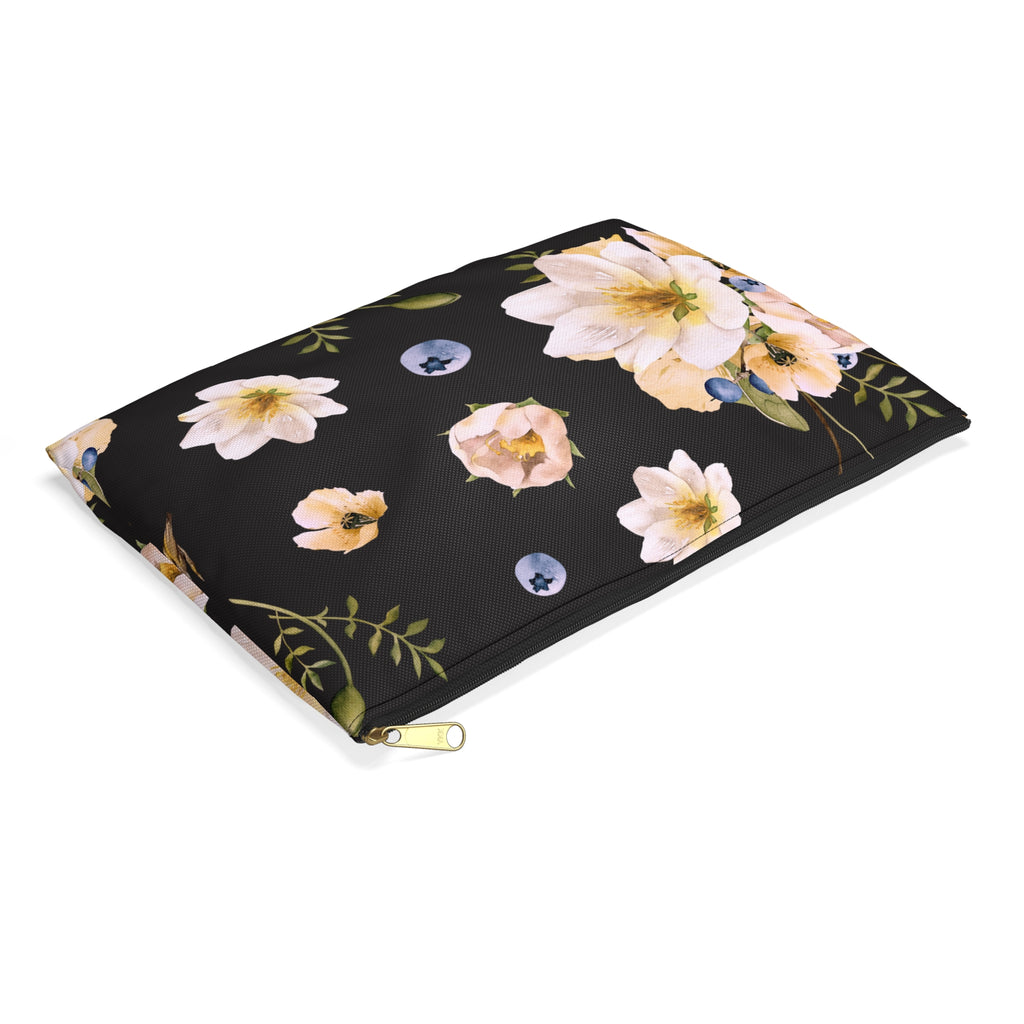 Floral black Accessory Pouch Maker up Bag featuring vibrant colors and a durable zipper for stylish storage of essentials.