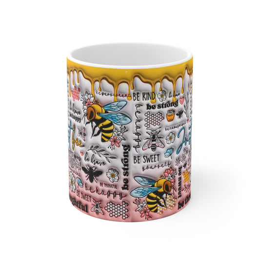 Ceramic Mug Puffy Look  3D Bee Kind Bee Strong Bee Happy Gift Mug  11oz