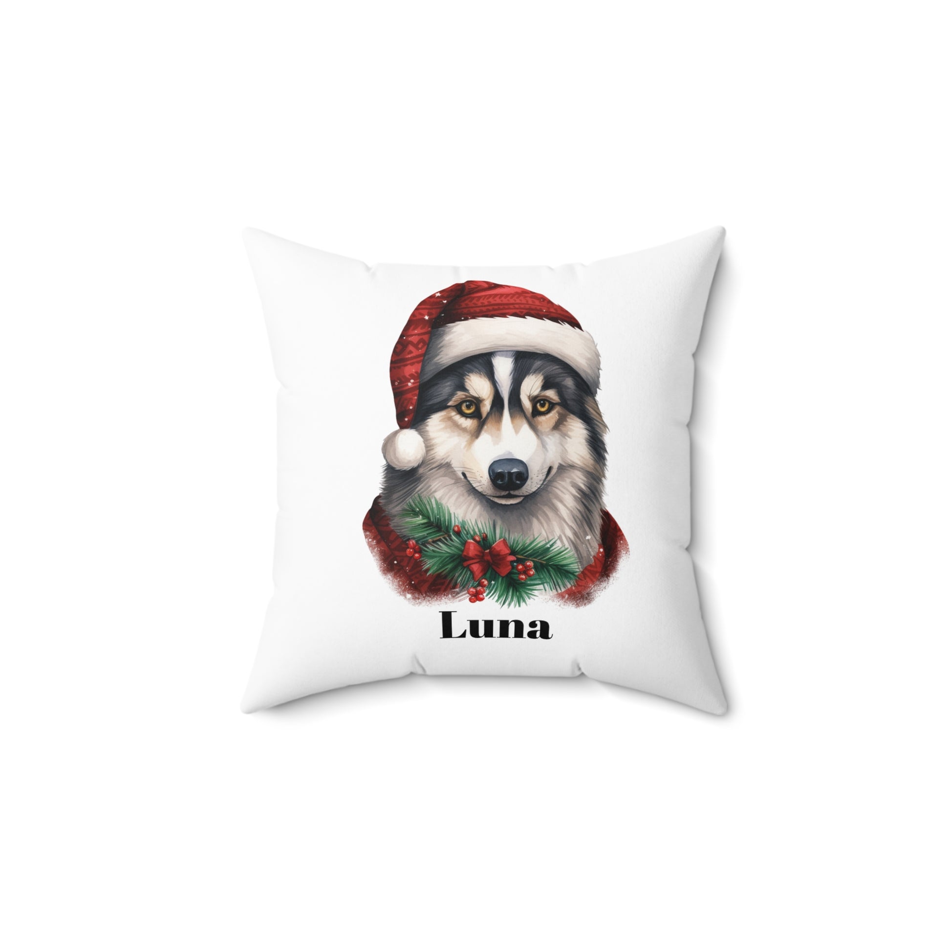 Square Pillow - Festive Dog-Themed Husky, Personalization Available