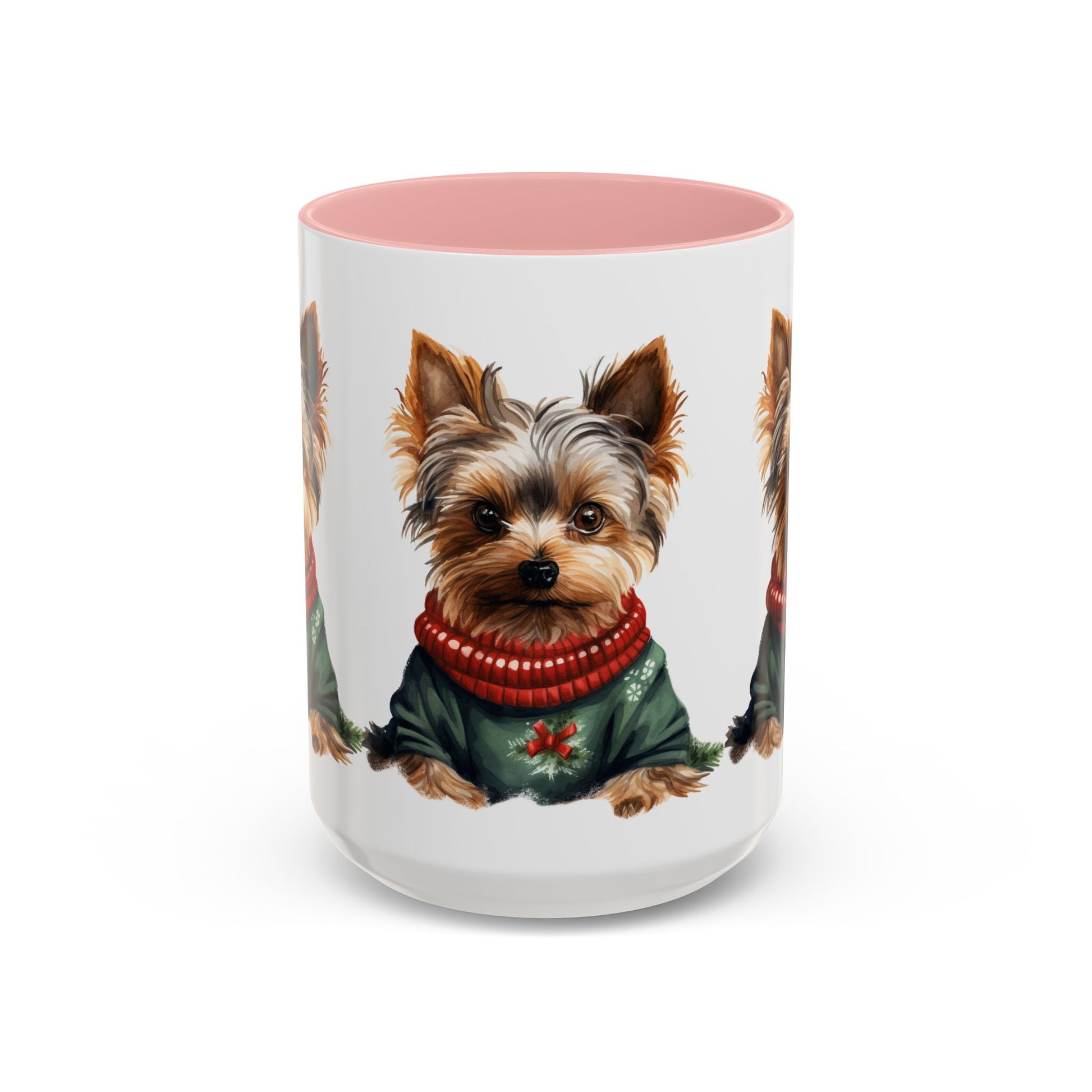Yorkie in Holiday Sweater Accent Coffee Mug — Cute Christmas Dog Mug (11oz/15oz)