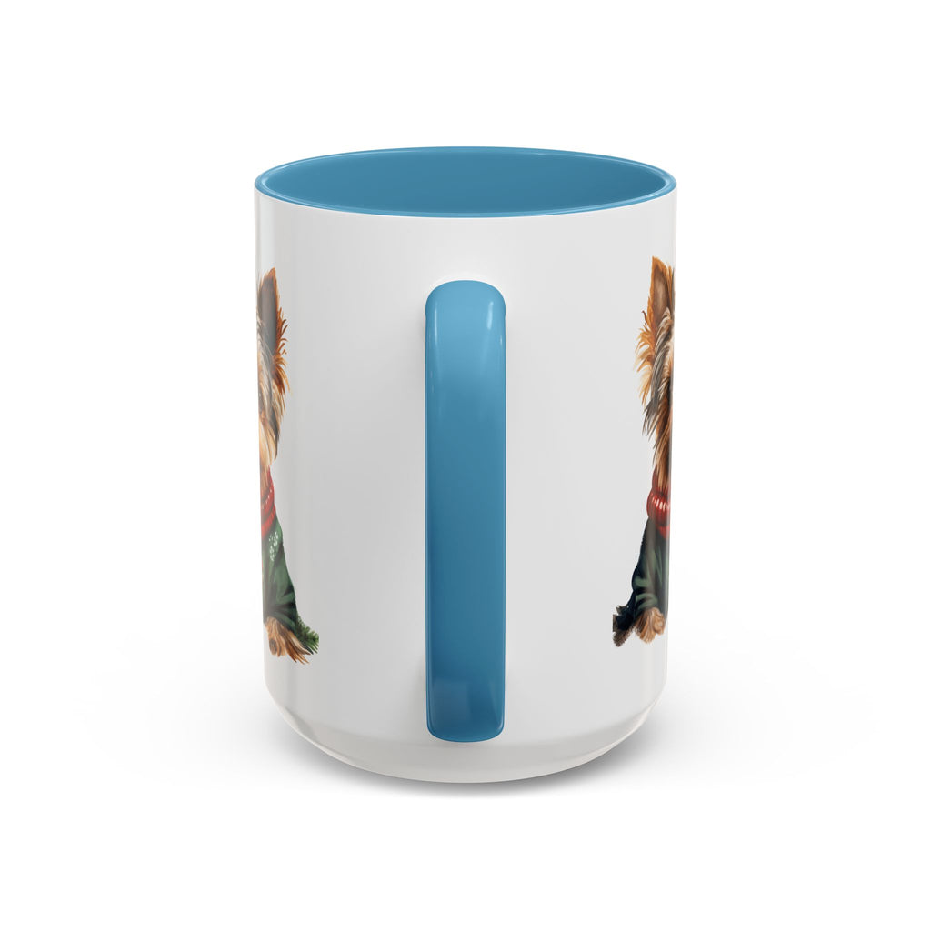 Yorkie in Holiday Sweater Accent Coffee Mug — Cute Christmas Dog Mug (11oz/15oz)