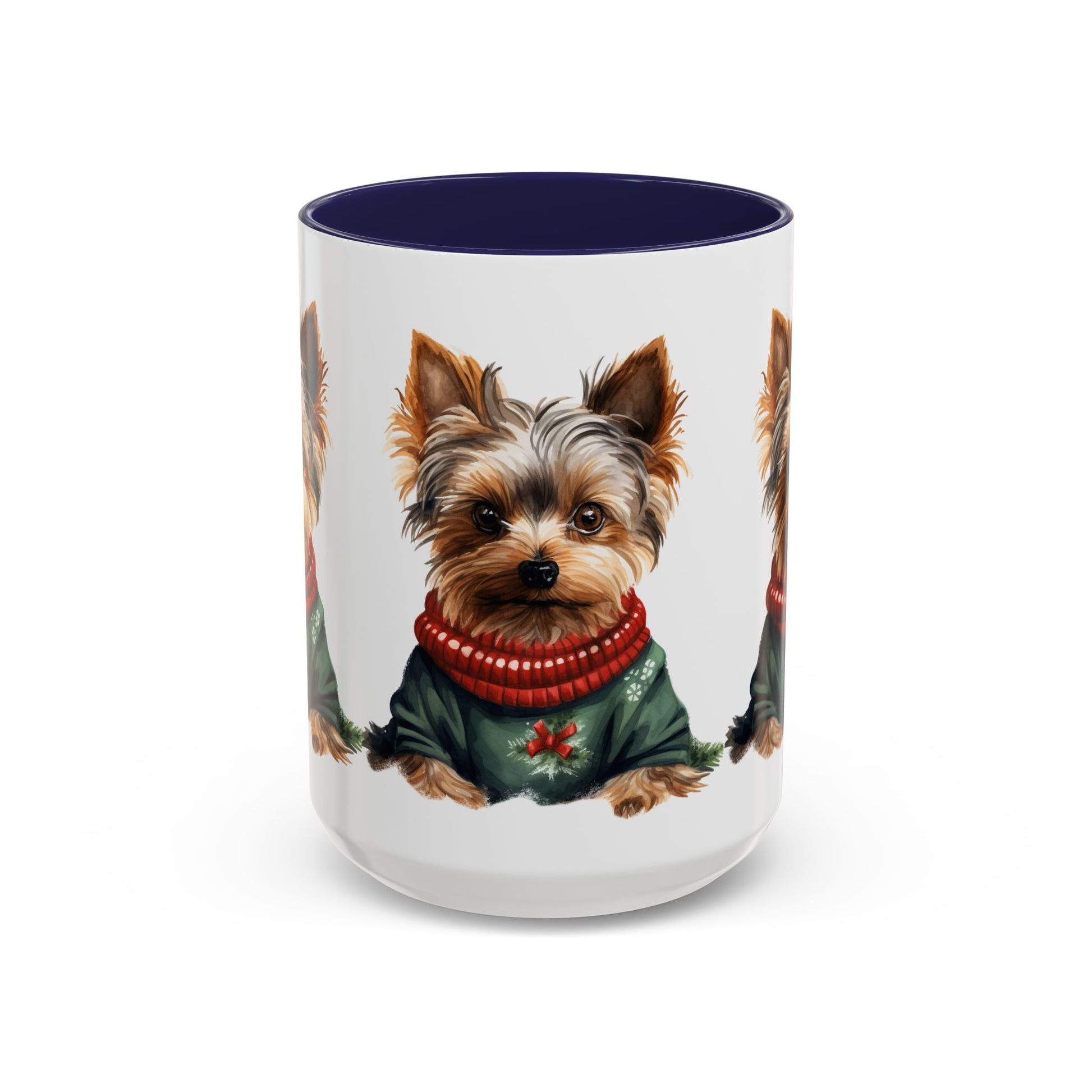 Yorkie in Holiday Sweater Accent Coffee Mug — Cute Christmas Dog Mug (11oz/15oz)