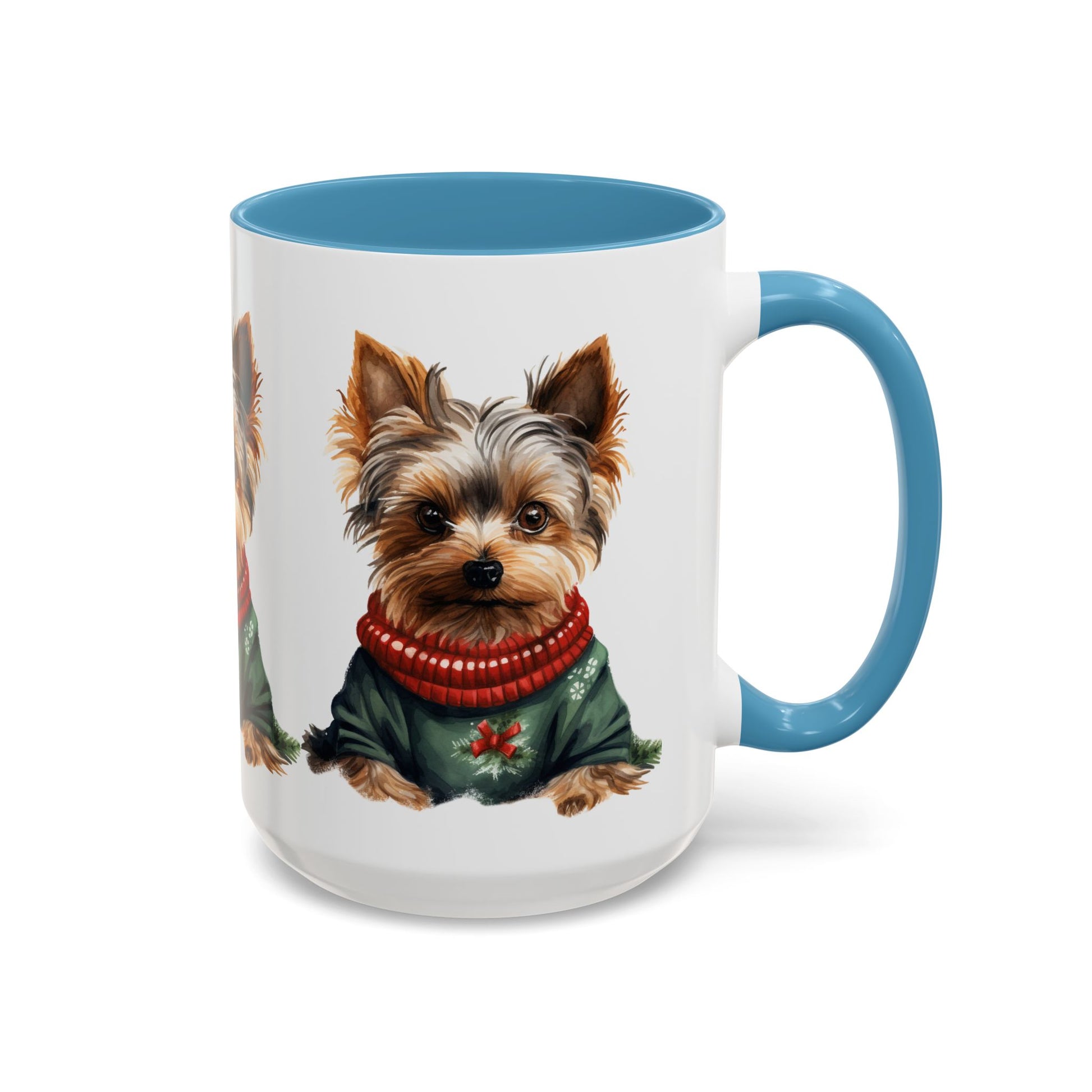 Yorkie in Holiday Sweater Accent Coffee Mug — Cute Christmas Dog Mug (11oz/15oz)