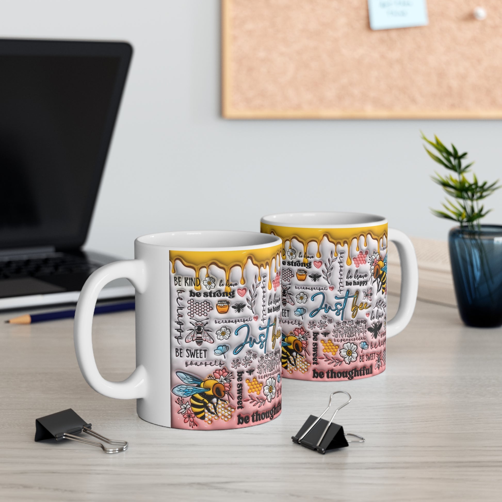 Ceramic Mug Puffy Look  3D Bee Kind Bee Strong Bee Happy Gift Mug  11oz