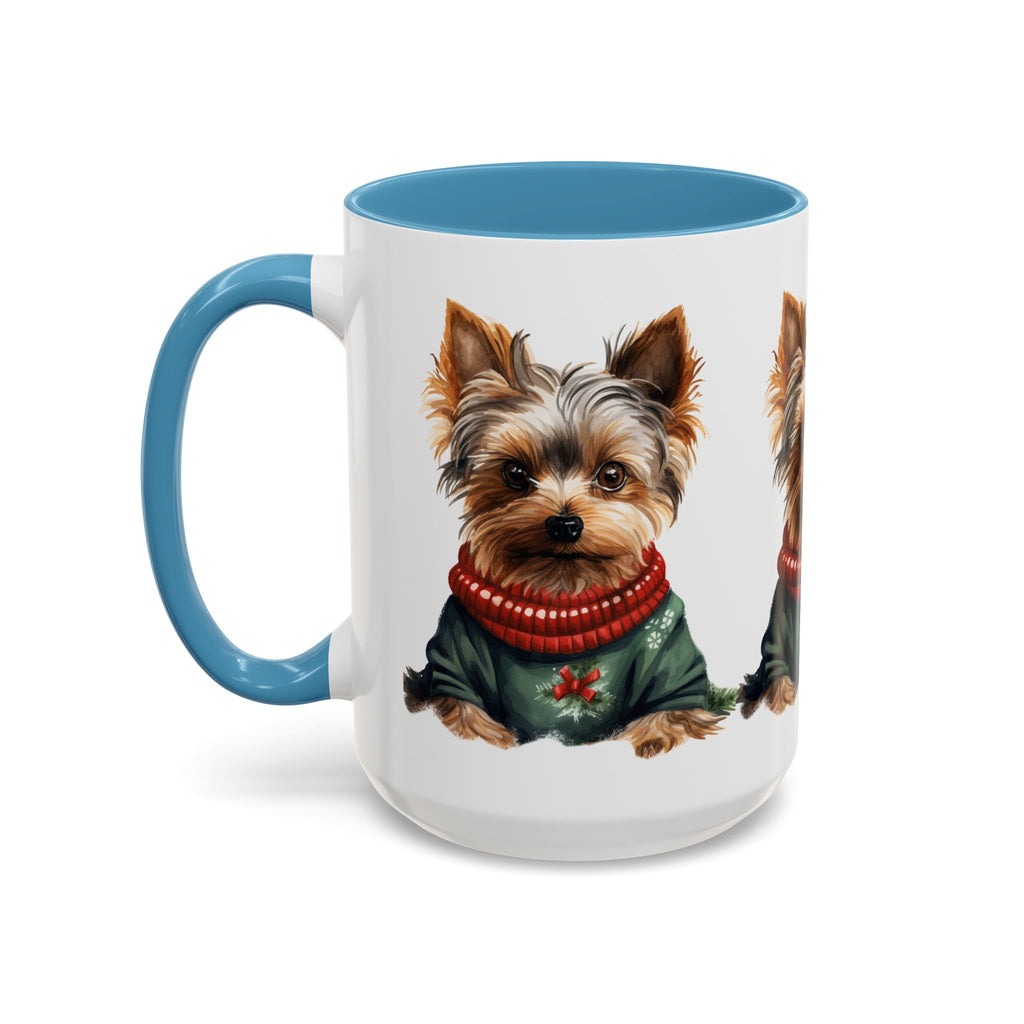 Yorkie in Holiday Sweater Accent Coffee Mug — Cute Christmas Dog Mug (11oz/15oz)