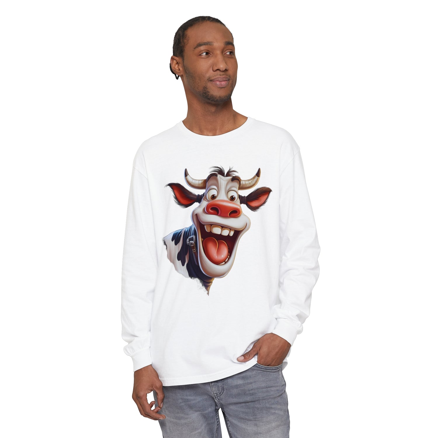 Man wearing a funny Cow crew neck pullover
