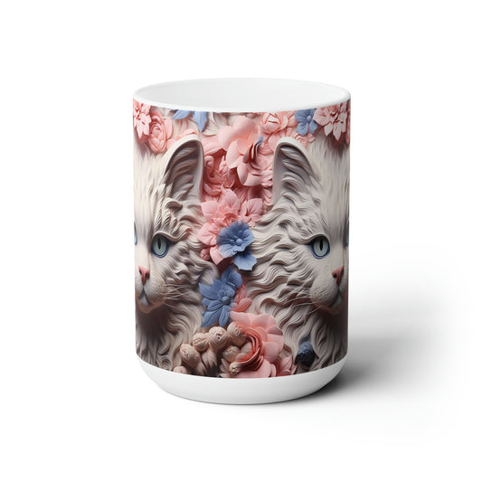 3D Look White Cat Ceramic Mug 15oz