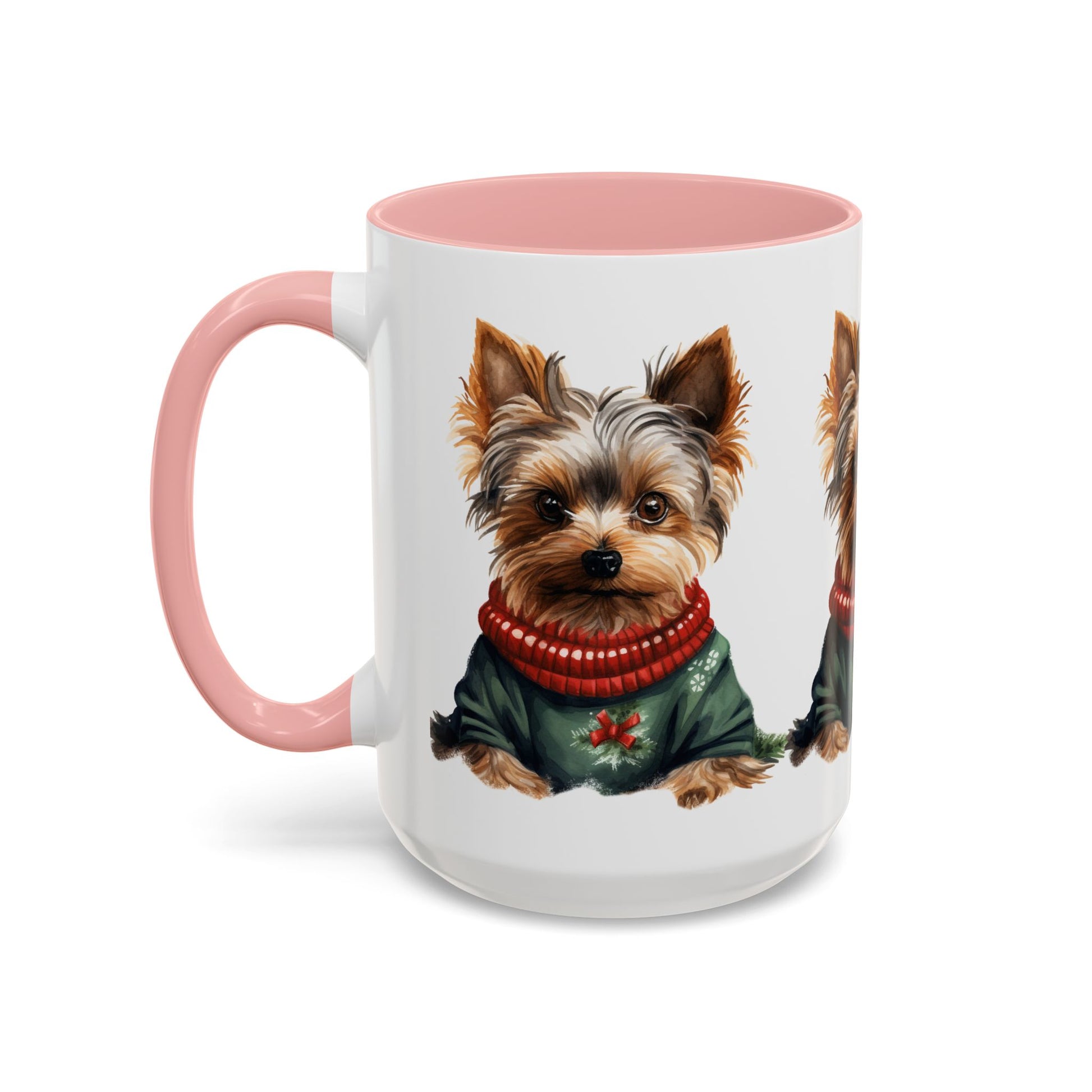 Yorkie in Holiday Sweater Accent Coffee Mug — Cute Christmas Dog Mug (11oz/15oz)