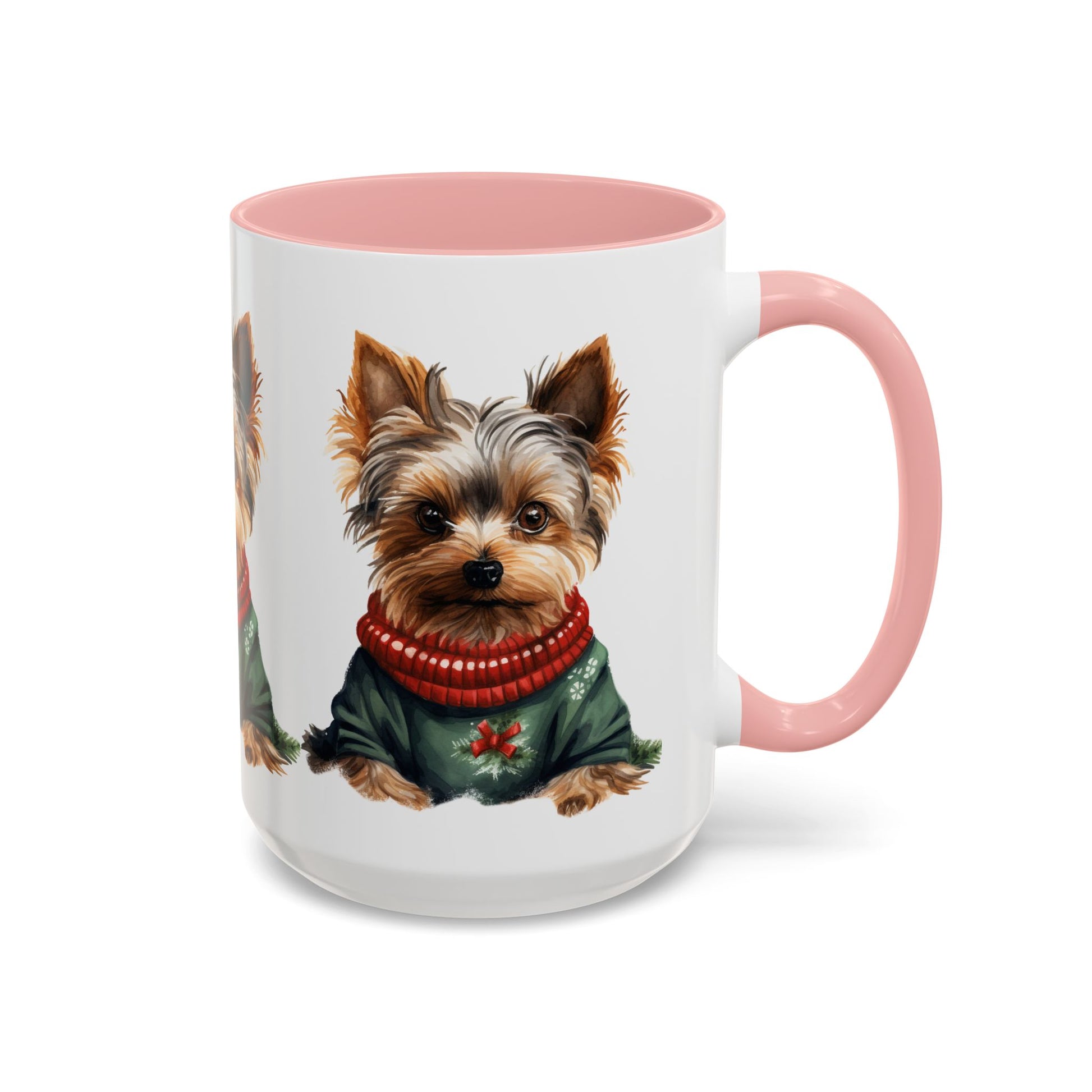 Yorkie in Holiday Sweater Accent Coffee Mug — Cute Christmas Dog Mug (11oz/15oz)