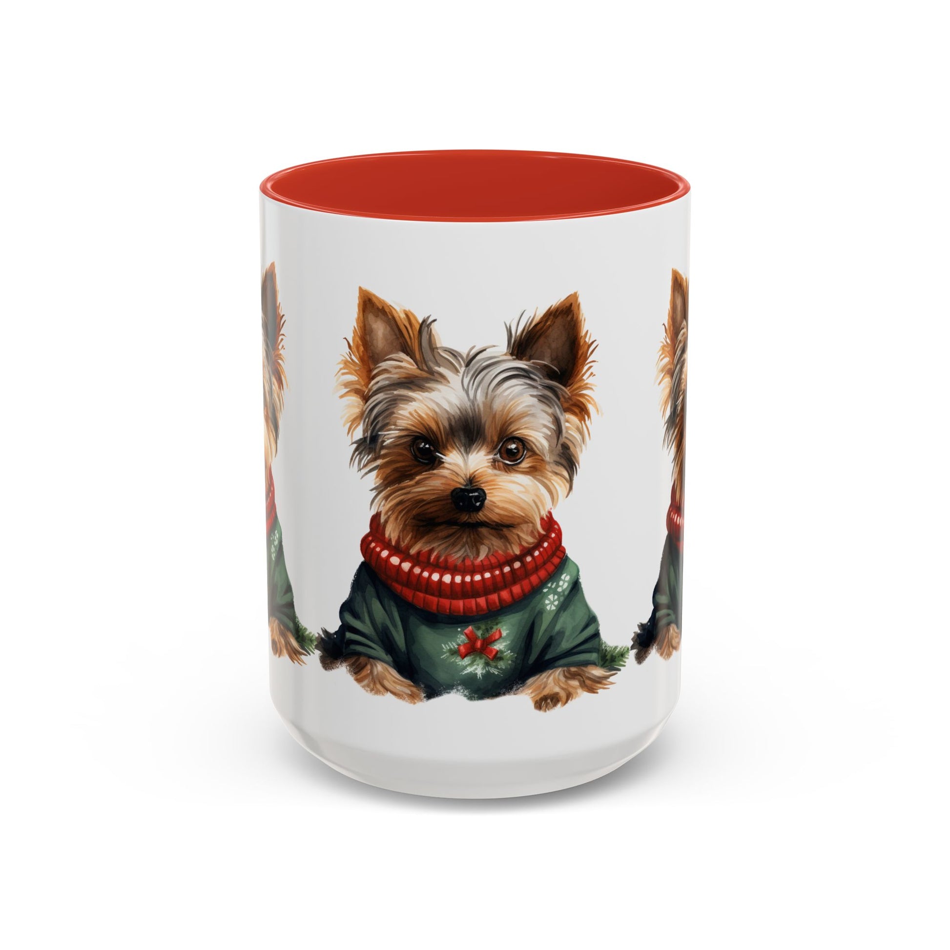 Yorkie in Holiday Sweater Accent Coffee Mug — Cute Christmas Dog Mug (11oz/15oz)