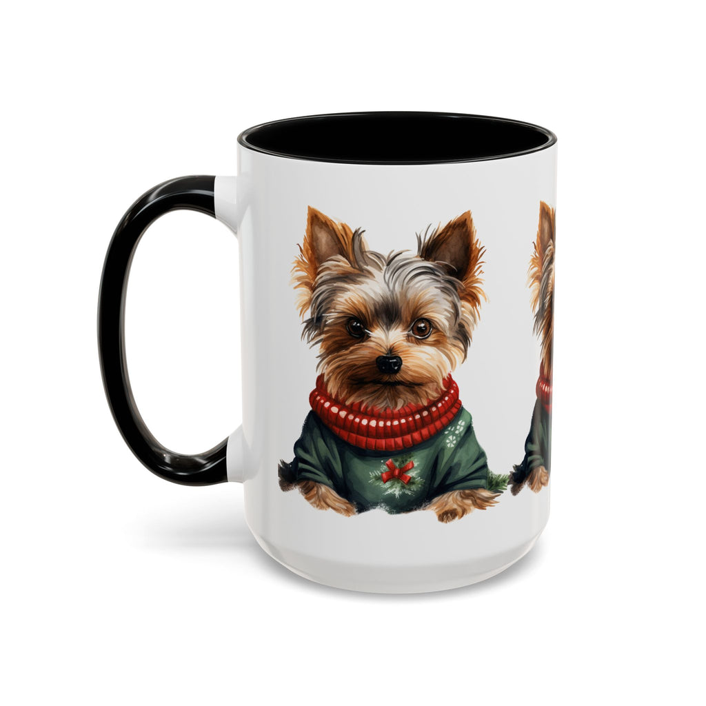 Yorkie in Holiday Sweater Accent Coffee Mug — Cute Christmas Dog Mug (11oz/15oz)