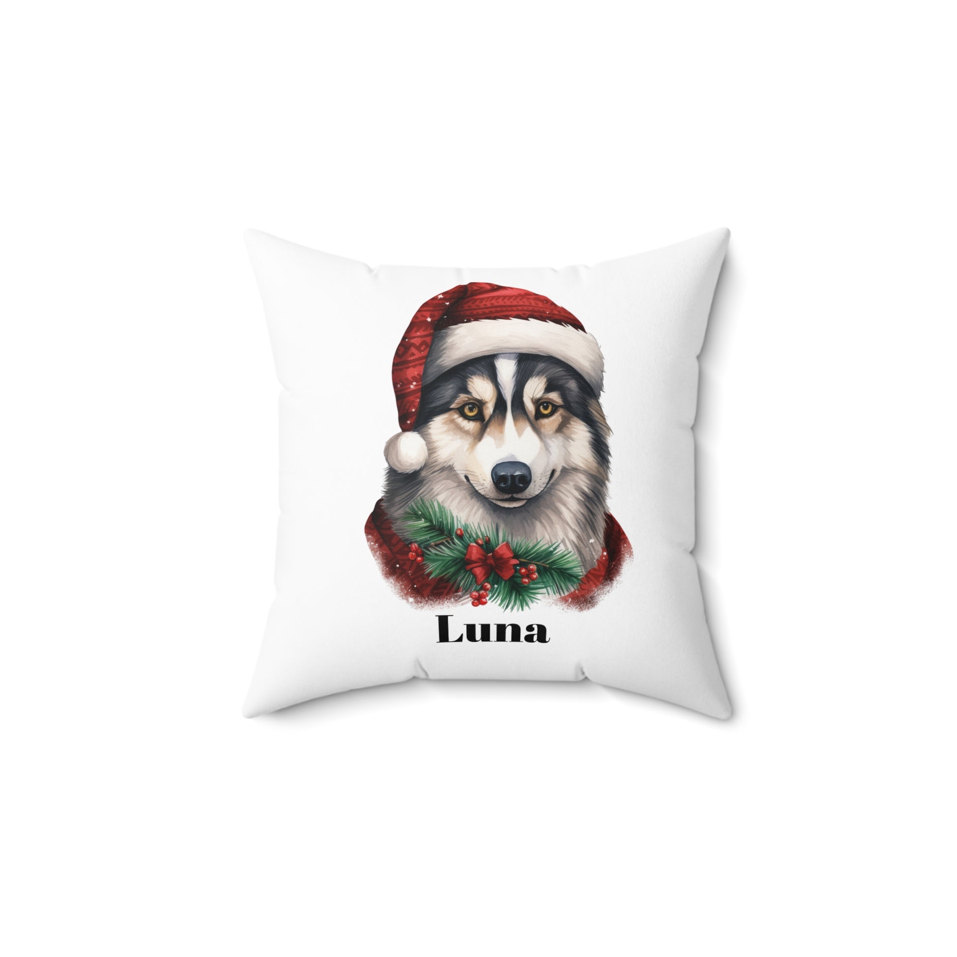 Square Pillow - Festive Dog-Themed Husky, Personalization Available