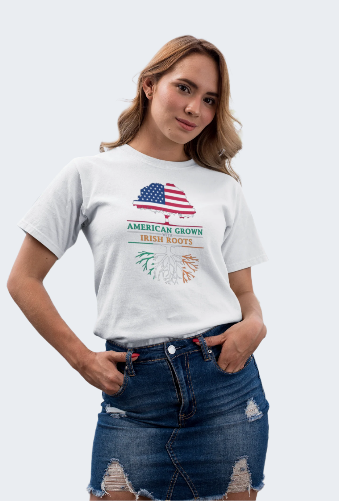 Irish Woman wearing white t shirt with American Grown Irish Roots Tree