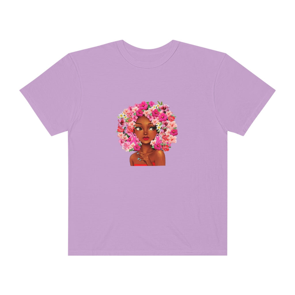 Black girl with Flowered hair on Purple Tee