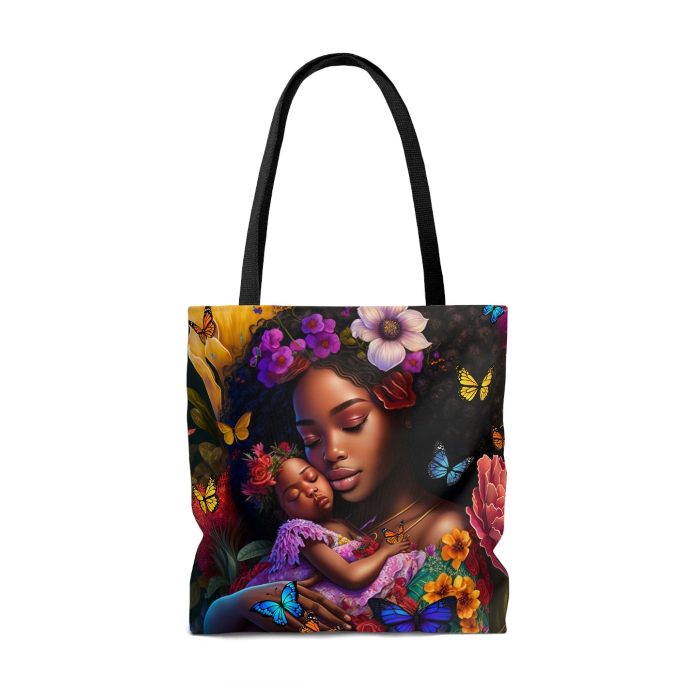 Beautiful Black Mom with Baby and Butterflies Tote