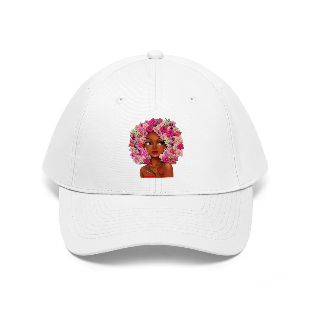 Black Girl with Flowered hair on White Hat 