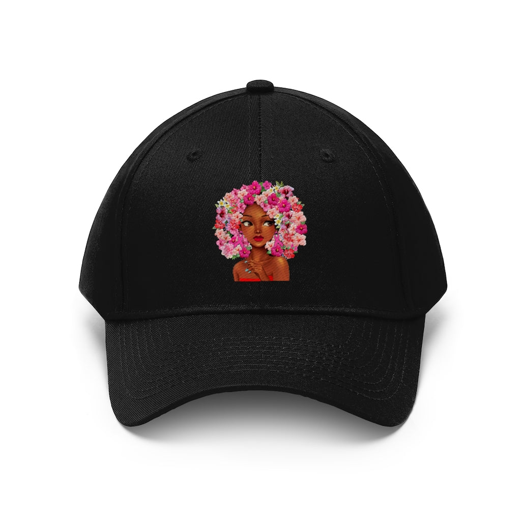 Black Girl with Flowered Hair On Black Hat 