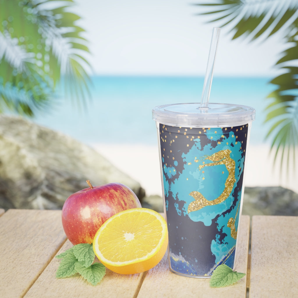 Plastic Tumbler Blue Mermaid Design Plastic Tumbler with Straw