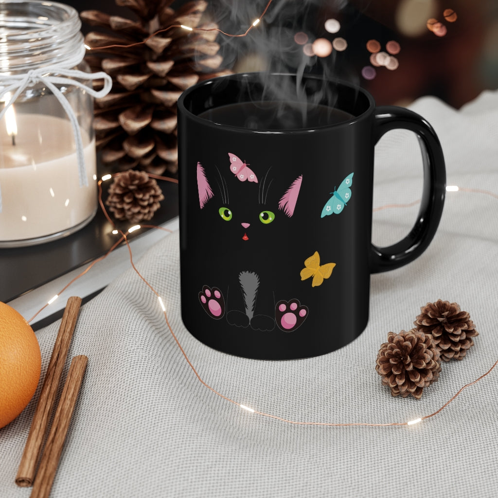 Coffee Mug Black Cat and Butterfly Black Mug