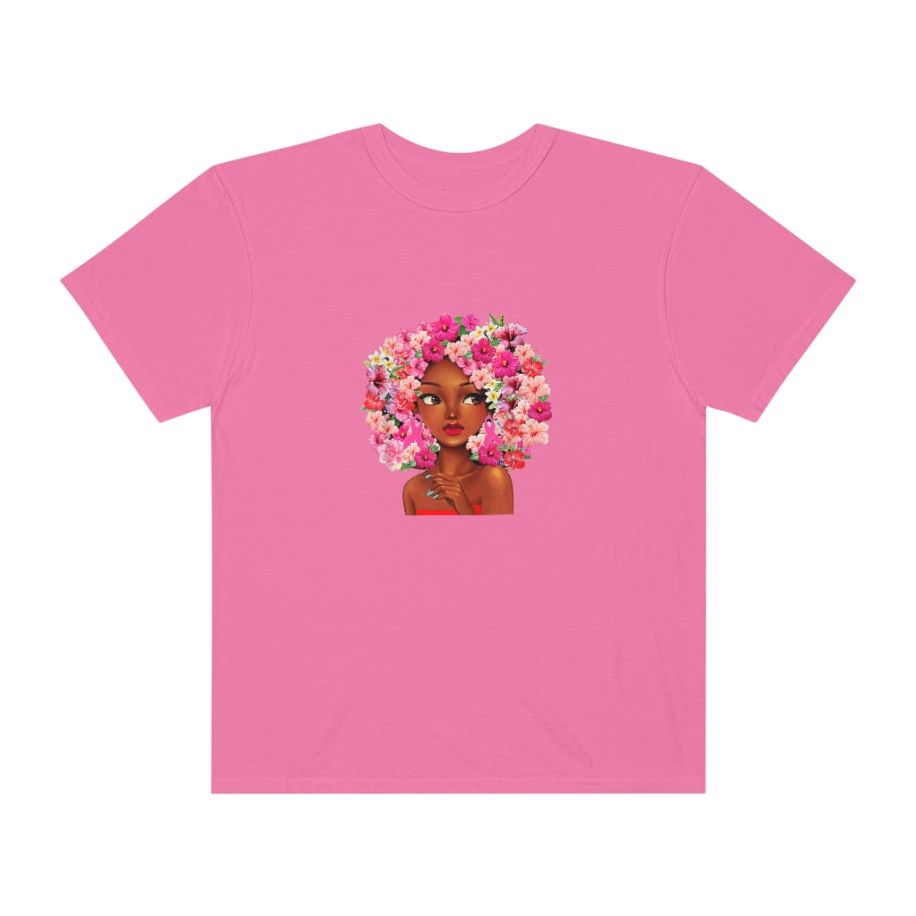 Black Girl with Flowered Hair on Tee