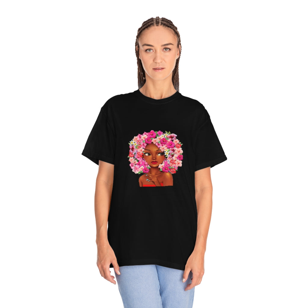 Girl Wearing Black Girl with Flowered Hair Tee