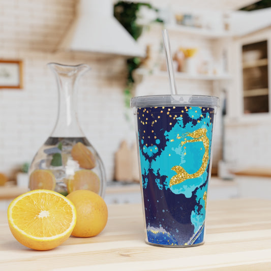 Plastic Tumbler Blue Mermaid Design Plastic Tumbler with Straw