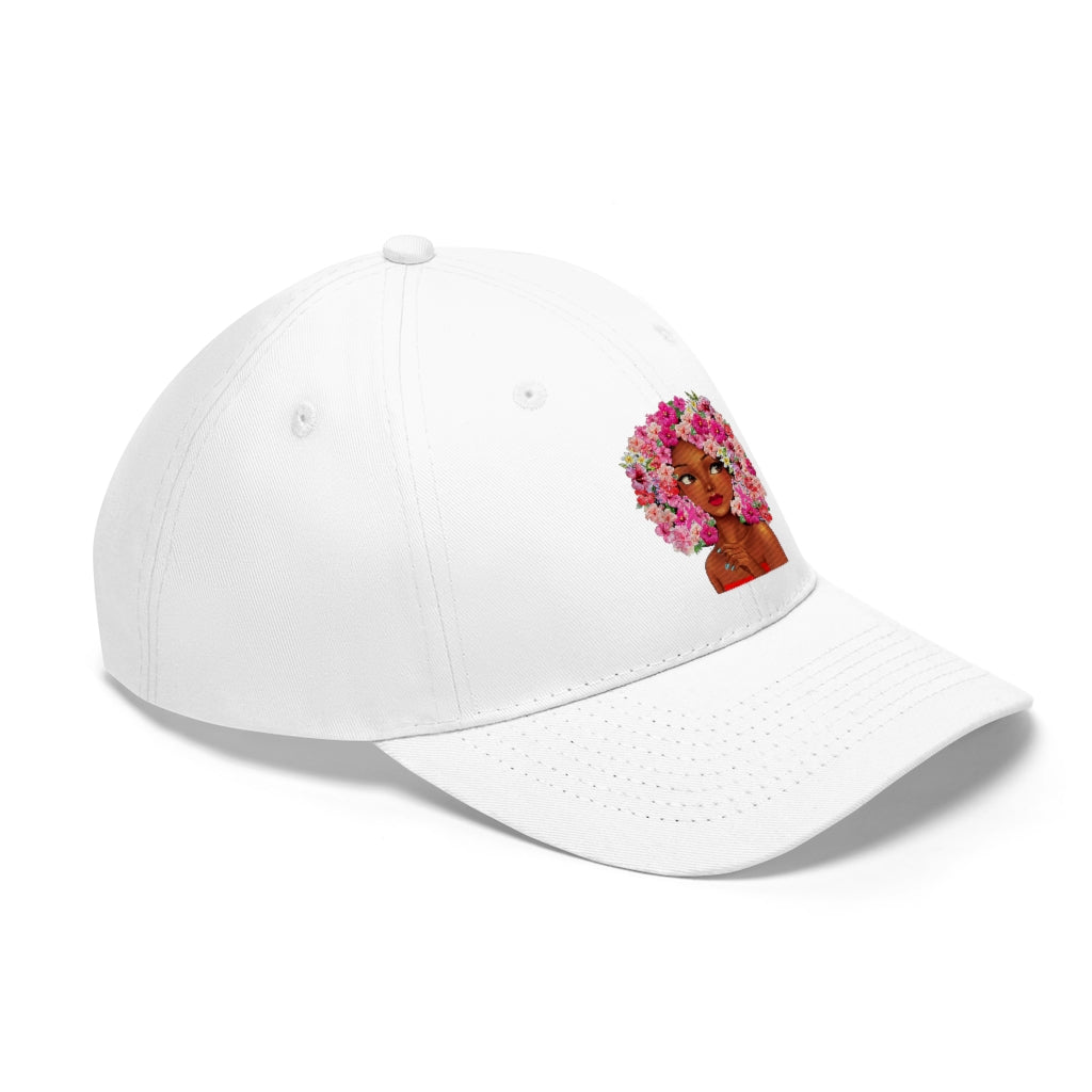 Black Girl with Flowered Hair on White Hat Side View 