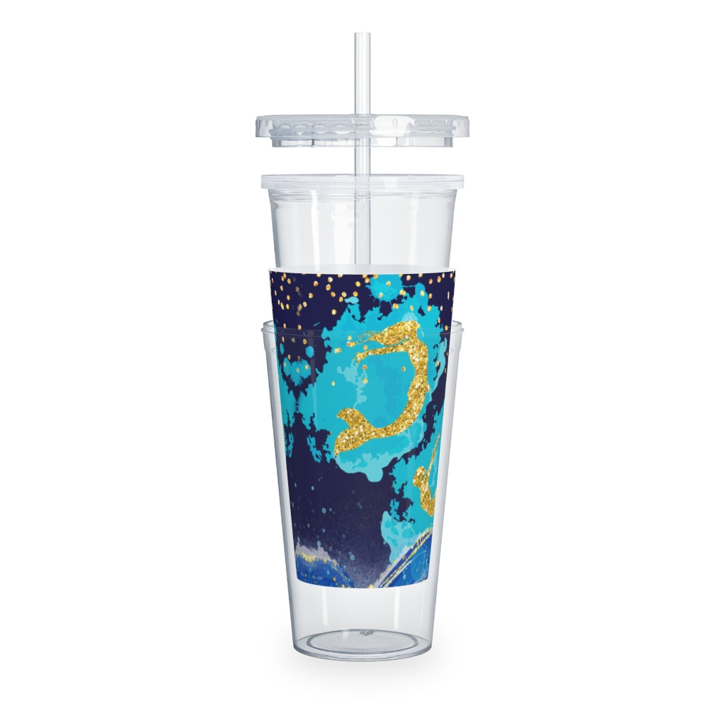 Plastic Tumbler Blue Mermaid Design Plastic Tumbler with Straw