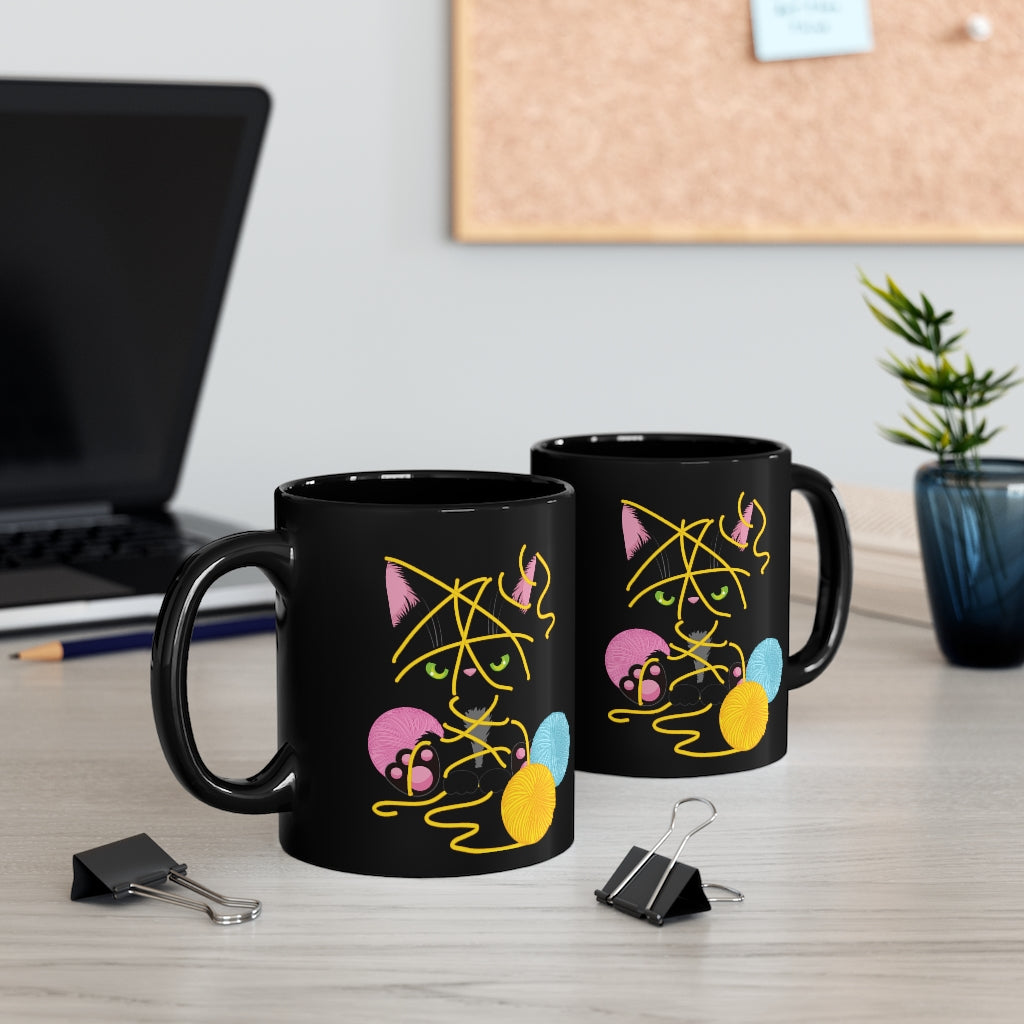 Coffee Mug Black Kitten in Yarn 11oz Black Mug
