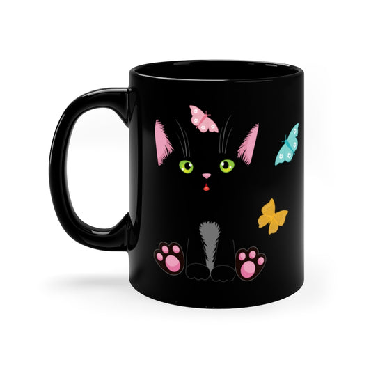 Black Cat with Butterflies on Black Mug