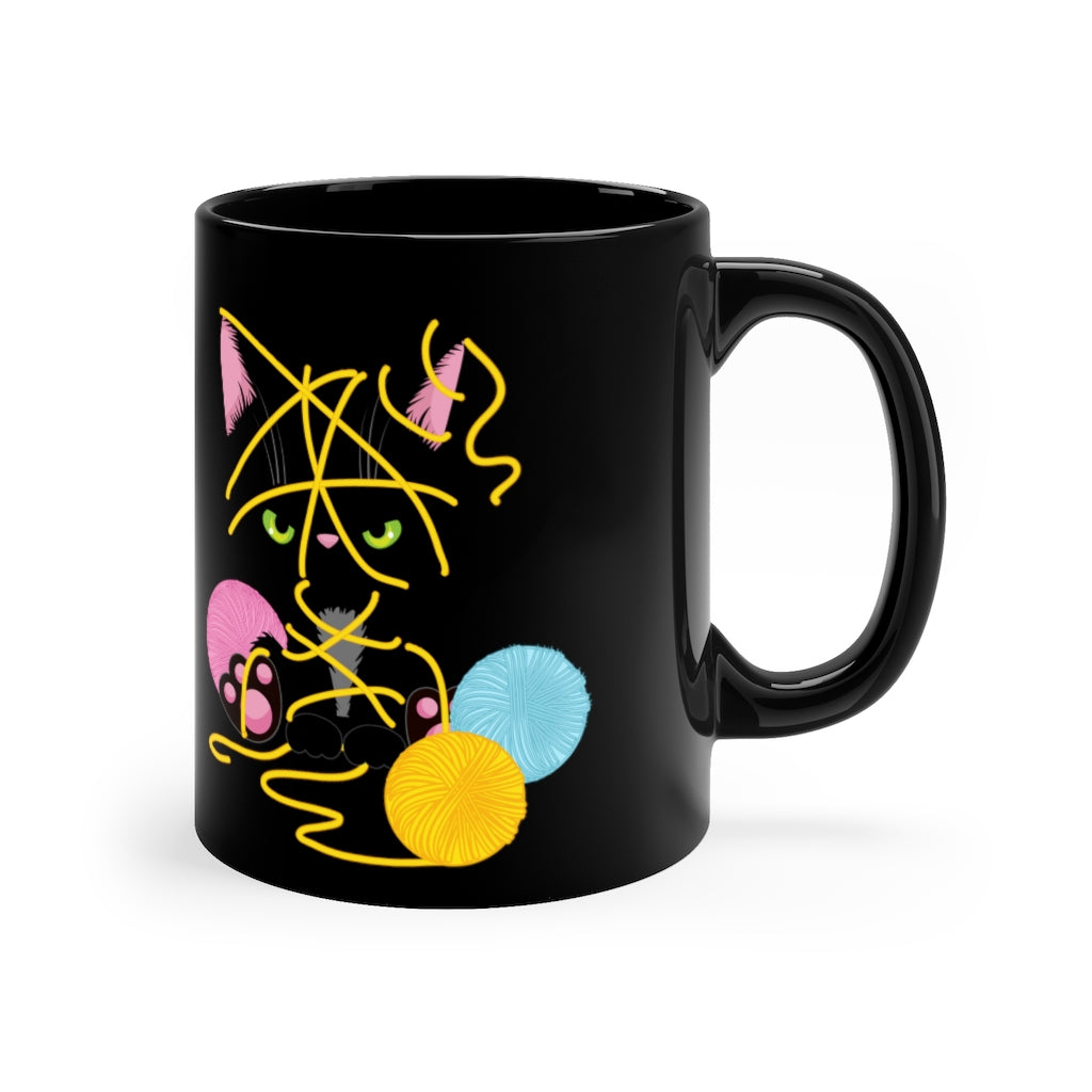 Coffee Mug Black Kitten in Yarn 11oz Black Mug
