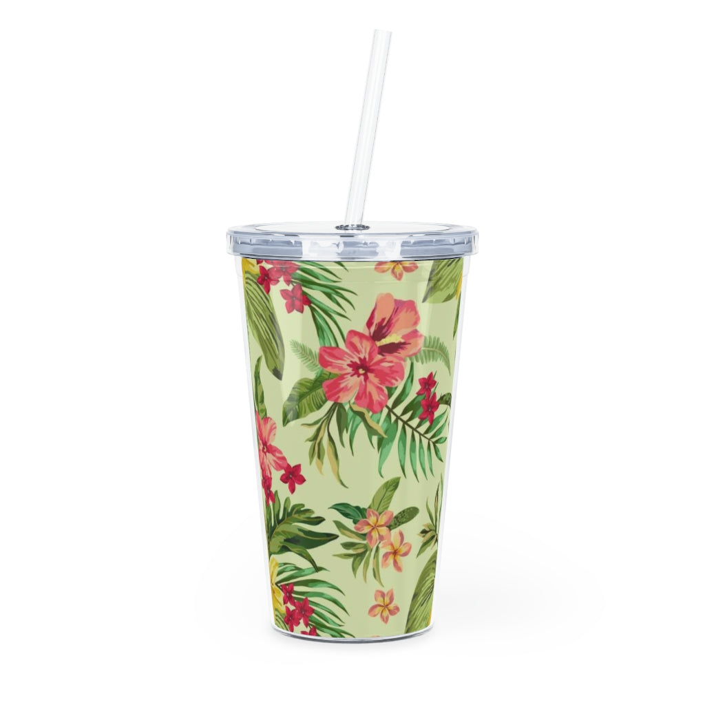 Tropical Flowers Plastic Tumbler with Straw