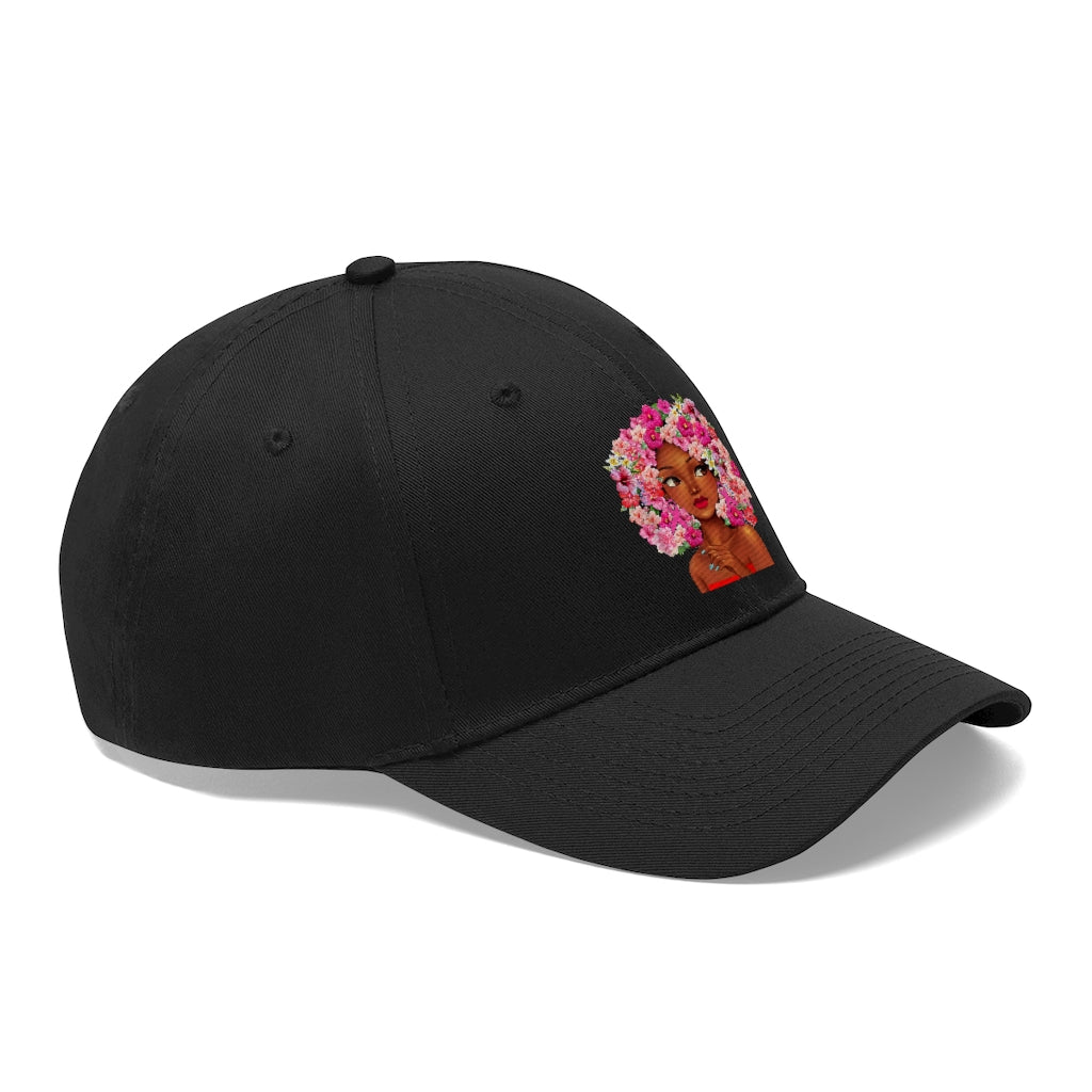 Black Girl with Flowered Hair on Black Hat Side View 